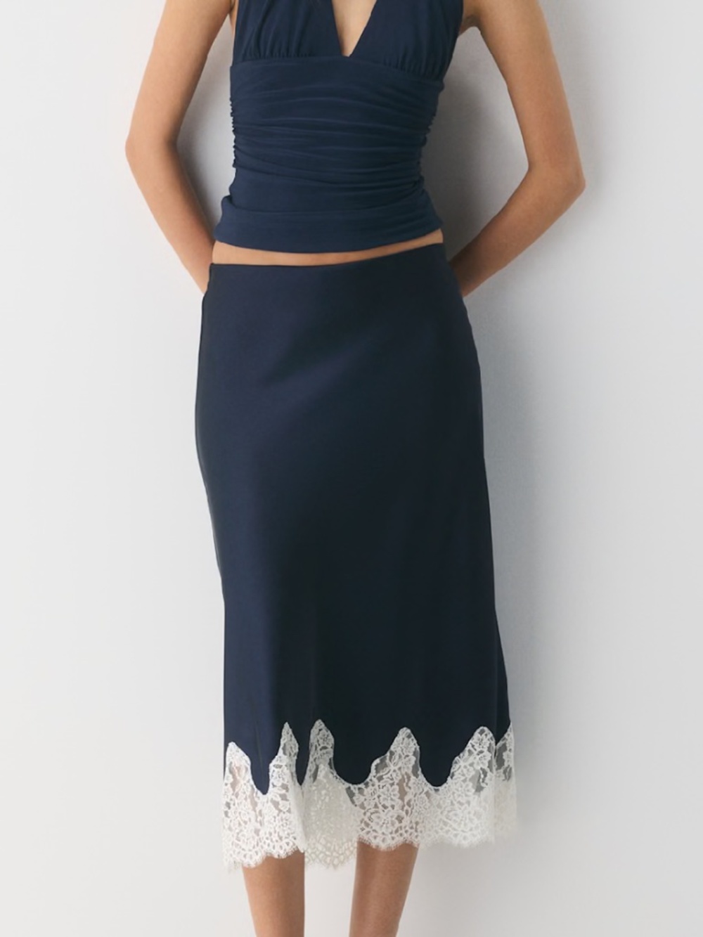 Aritzia Navy Midi Skirt with White Lace Hem